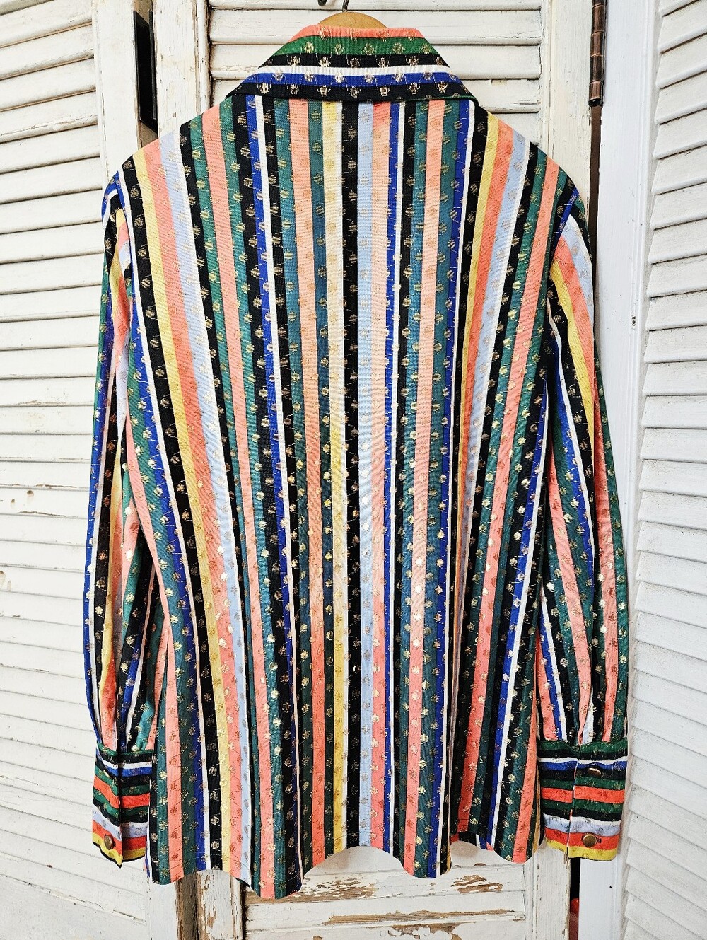 Vintage 70s Dagger Collar Rainbow And Gold Metallic Stripe Blouse Medium - Picture 11 of 16